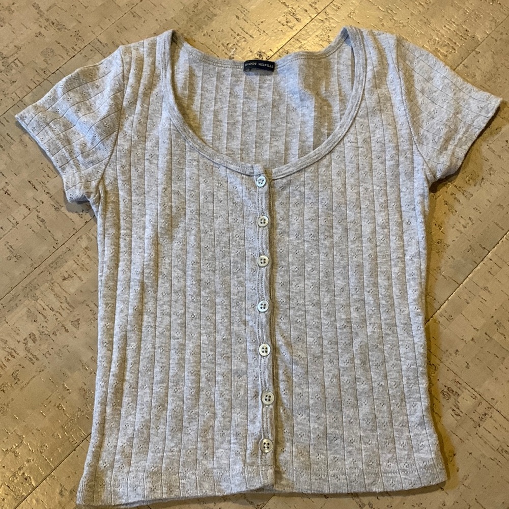 Short Sleeve Grey Button Down Top from Brandy Melville